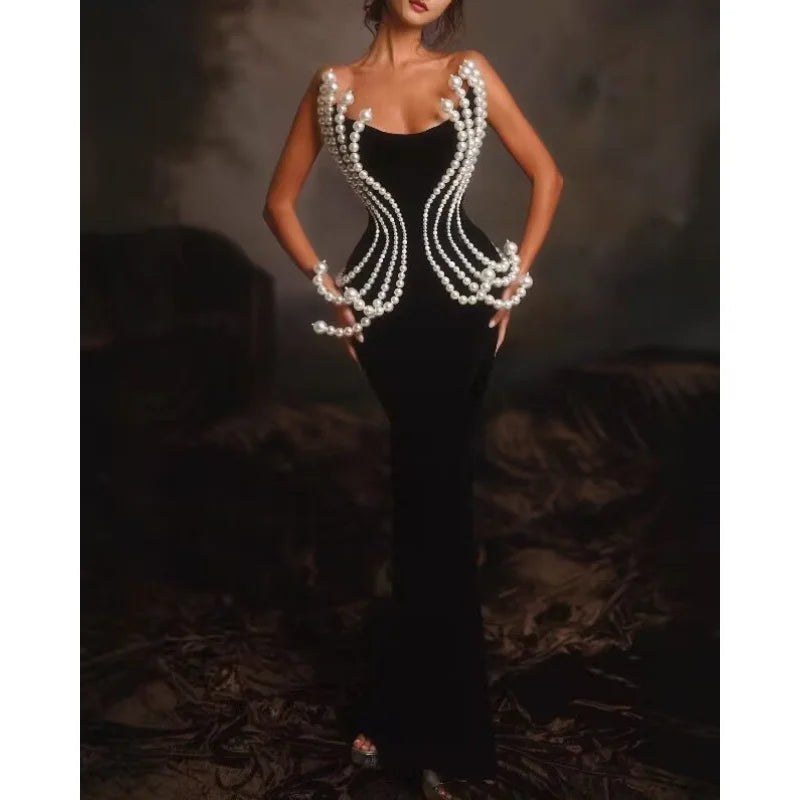 2025 Luxury Pearl Geometric Design strapless Package Hips Bandage Long Dress Elegant Woman Party Dress Celebrity Party Vestido