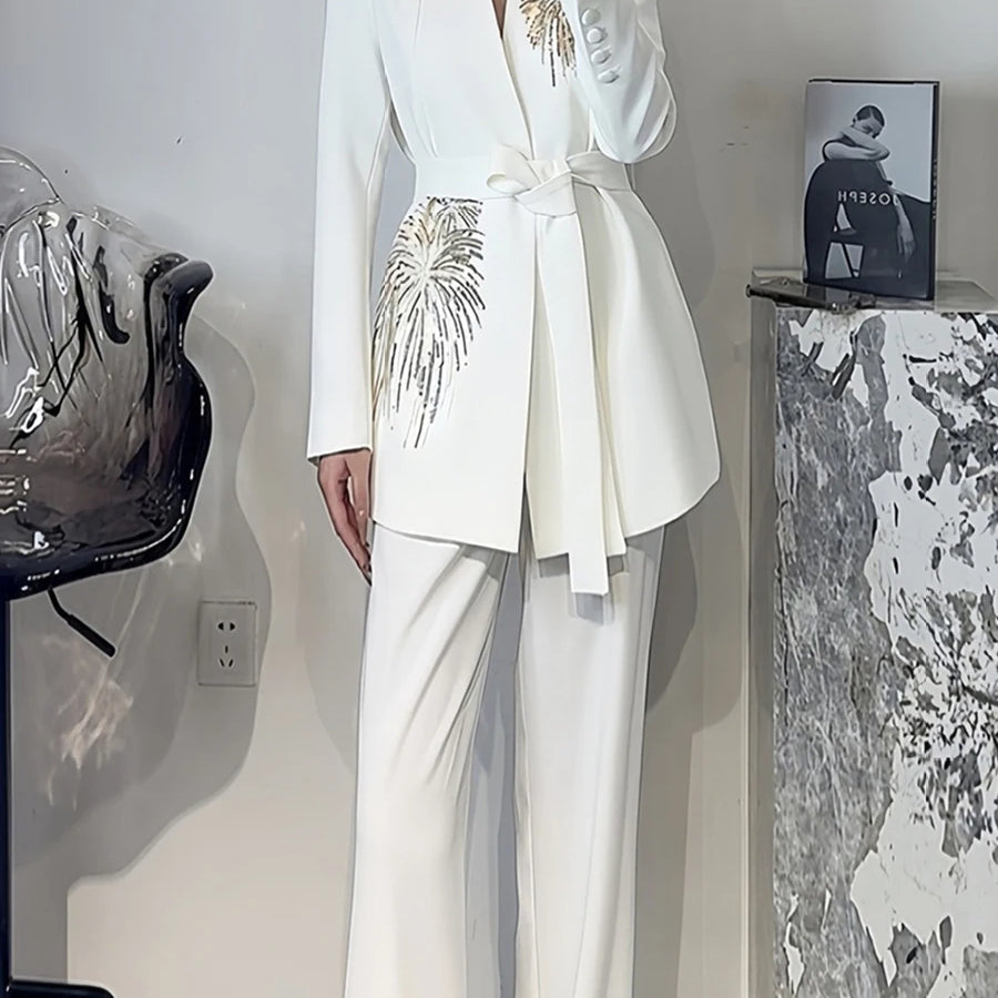 Solid Slimming Two Piece Sets for Women V Neck Long Sleeves Patchwork Sequins Top High Waist Pant Fashionset Female WHITE
