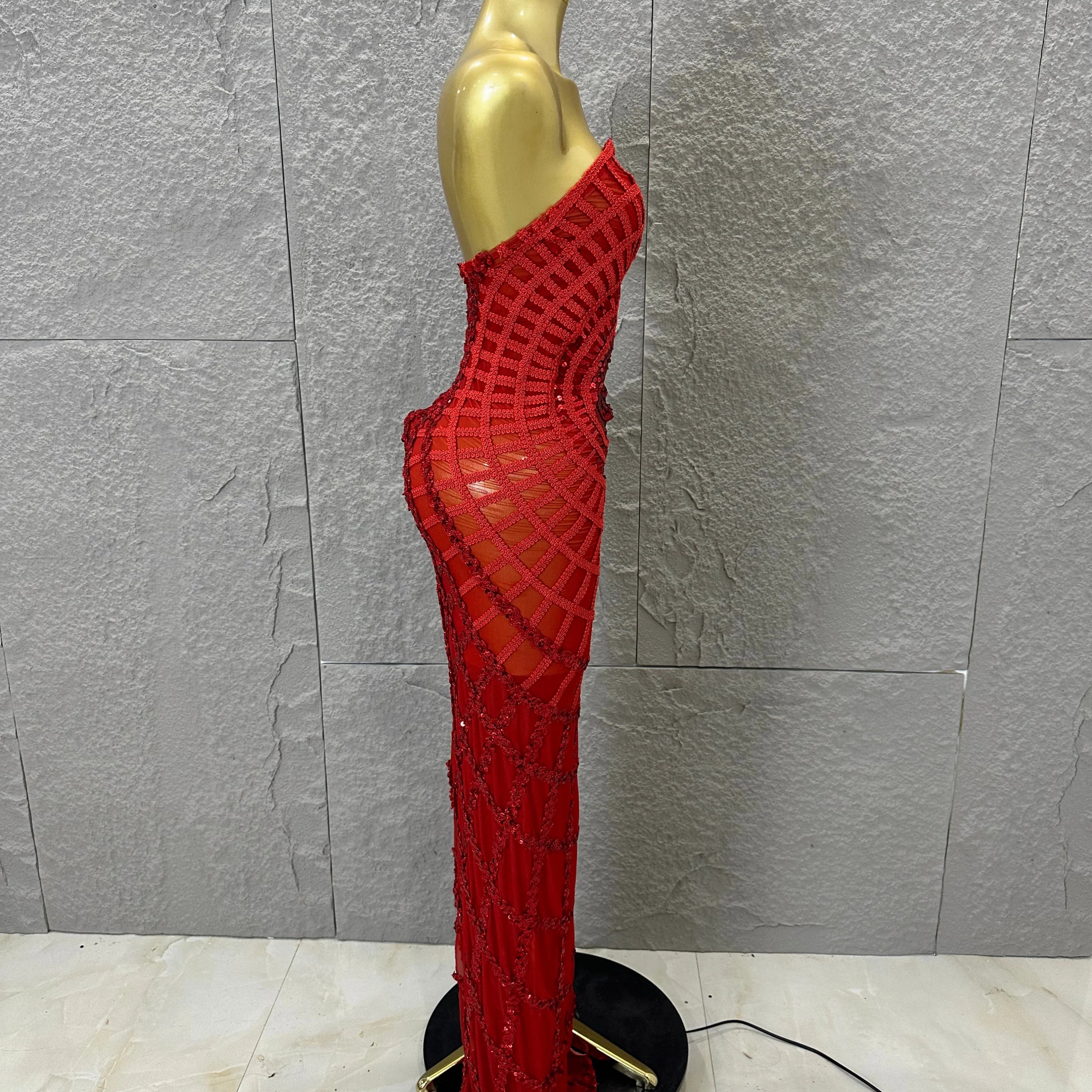 Elegant Sequined Sheer Mesh Maxi Dress Women Sexy Strapless 3D Grid Embellished Bodycon Mermaid Outfit Stage Performance Costume