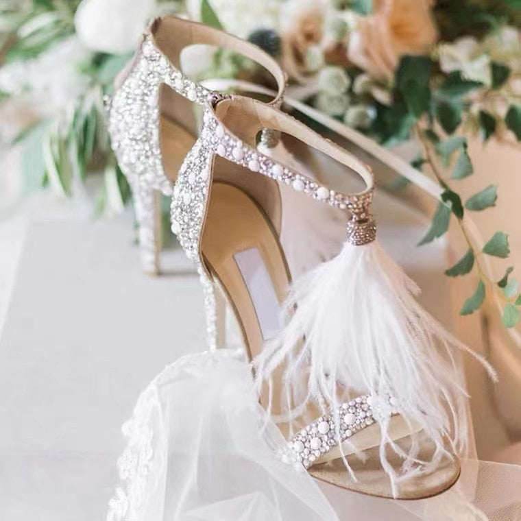 Rhinestone Feather Tassel High Heels Crystal Shoes Sandals Women&amp;#39s Stiletto Sexy Wedding Bridal Shoes Wedding Shoes Sandal
