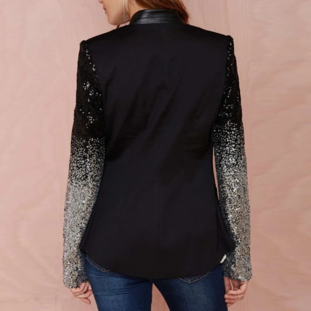 Fashion Spliced Sequins Blazers for Women V Neck Long Sleeves Patchwork Button Temperament Blazer Female Clothing