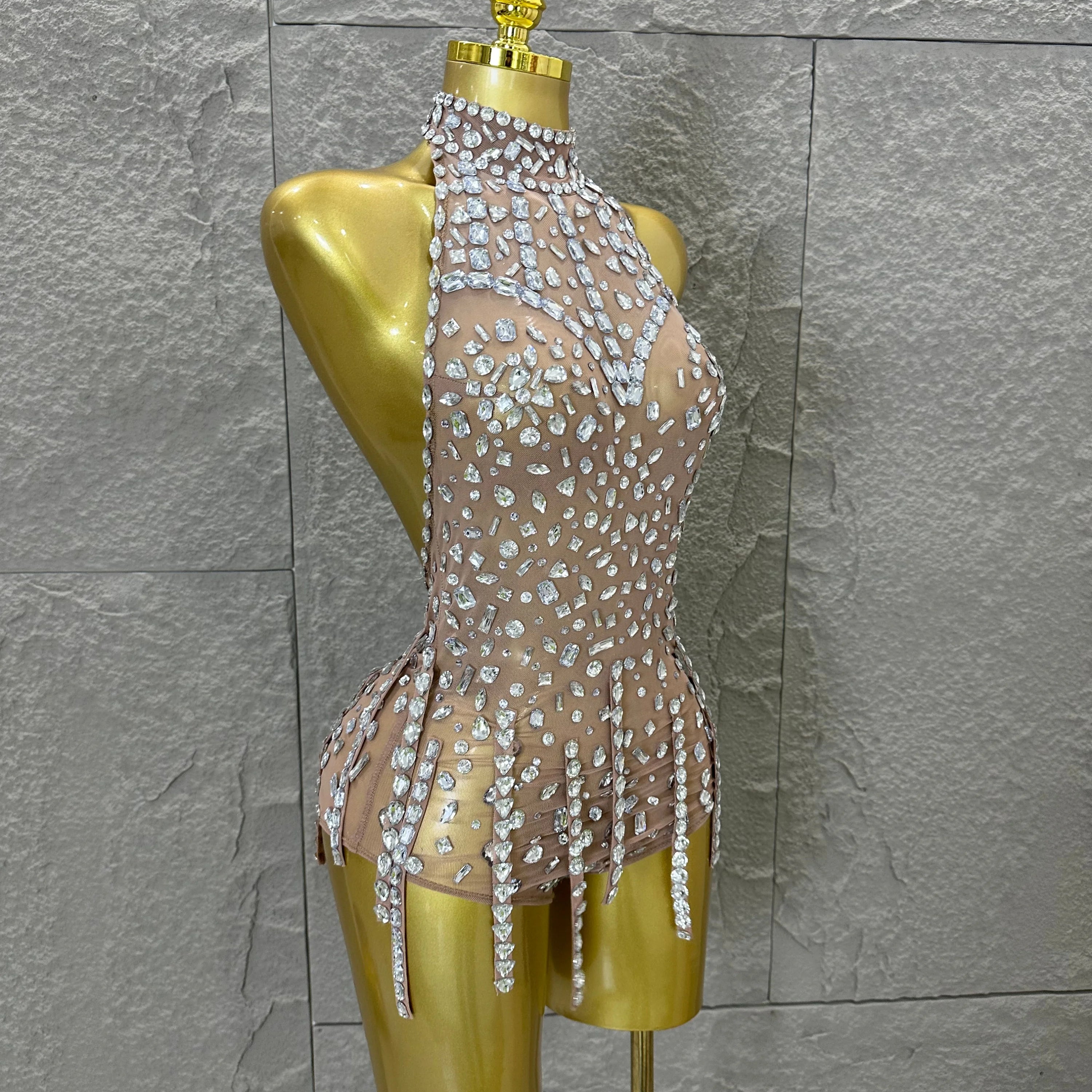 Pink Nude Sleeveless Bodysuit Women Sheer Mesh Crystal Rhinestone Embellished Formal Event Performance Costume