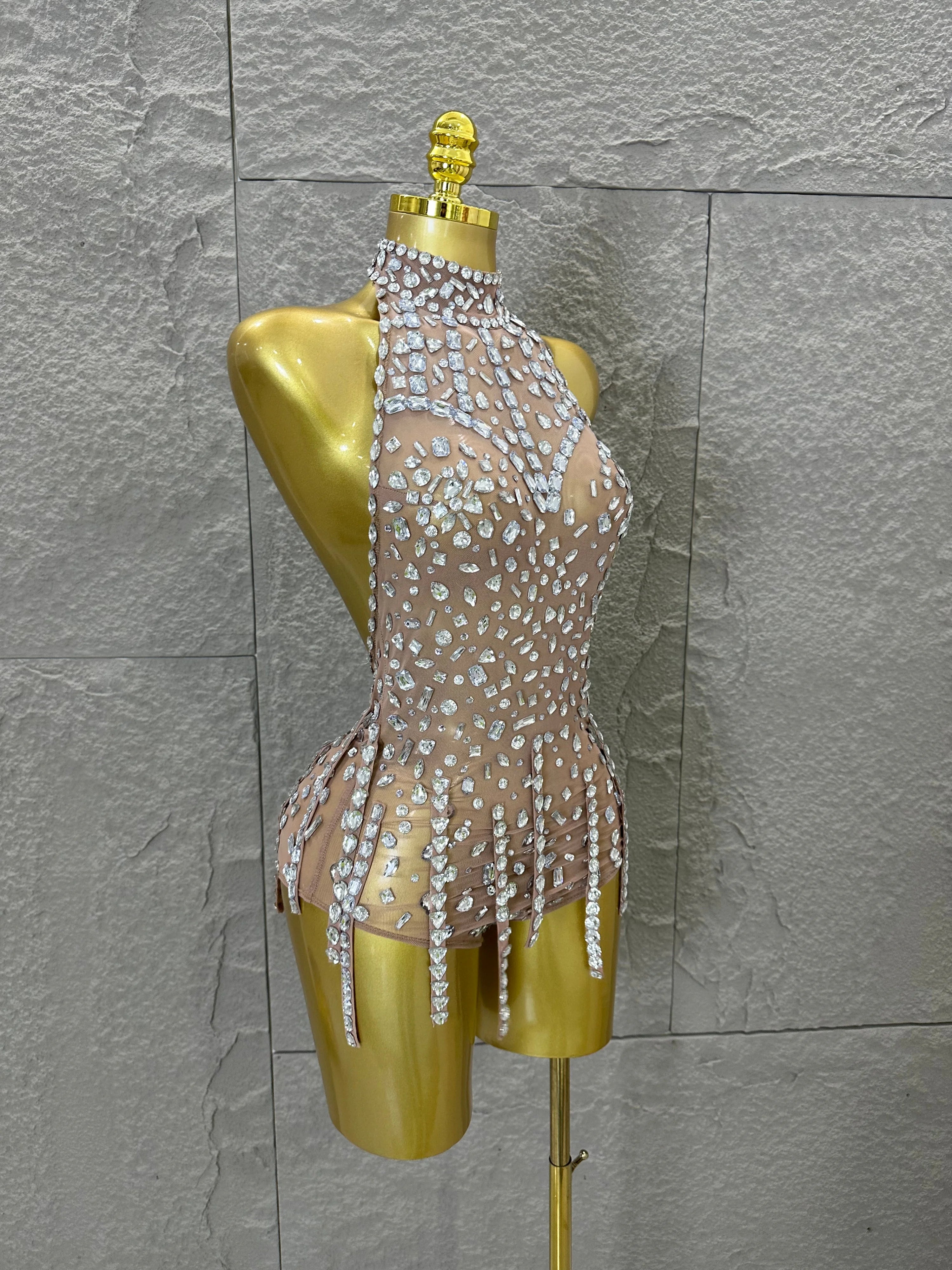 Pink Nude Sleeveless Bodysuit Women Sheer Mesh Crystal Rhinestone Embellished Formal Event Performance Costume
