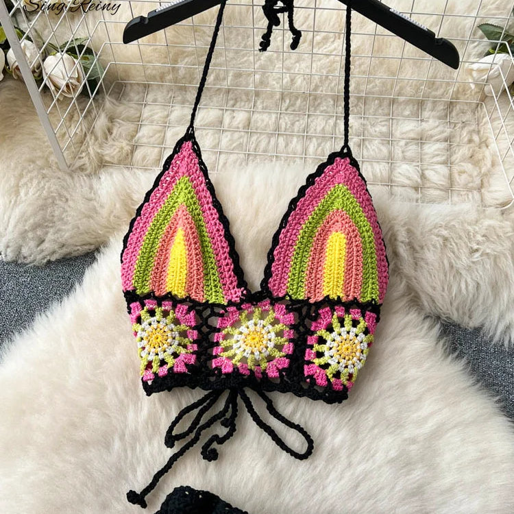 SINGREINY Summer Hollow Out Beach Suits Women Strap Halter Sexy Top+Mini Shorts Fashion Floral Knitted Bohemian Two Pieces Sets