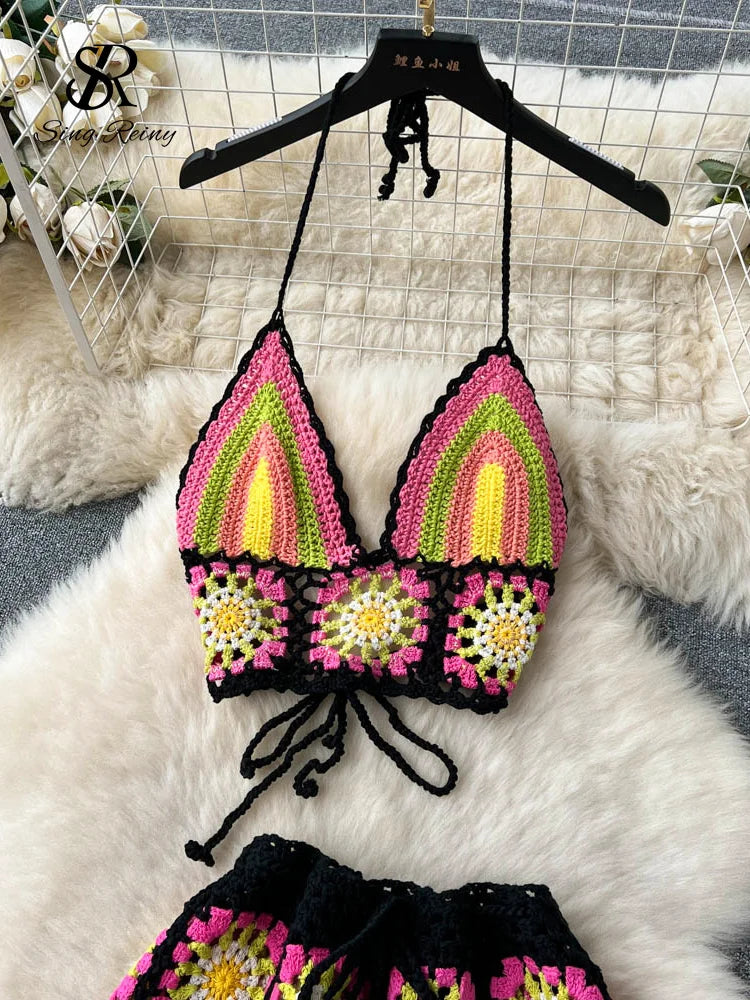 SINGREINY Summer Hollow Out Beach Suits Women Strap Halter Sexy Top+Mini Shorts Fashion Floral Knitted Bohemian Two Pieces Sets