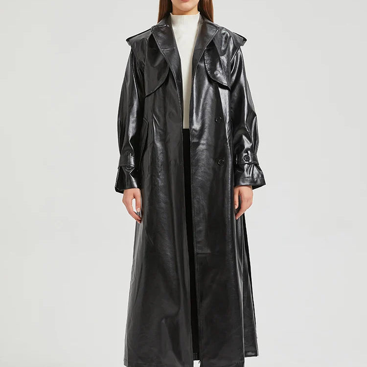 Autumn Extra Long Gold Shiny Patent Pu Leather Trench Coat for Women Single Breasted Luxury Designer Overcoat 2024 Black