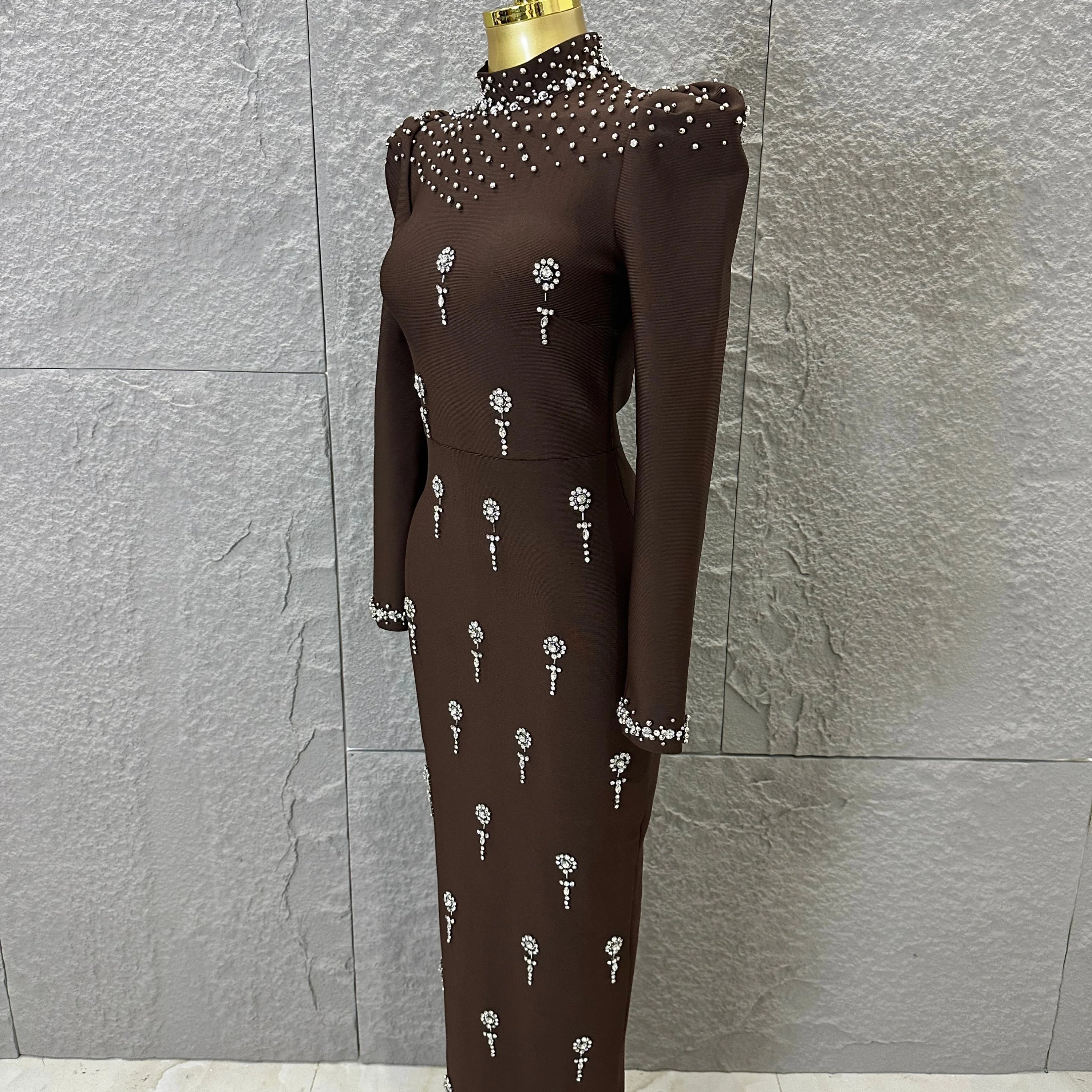 Sophisticated Brown High Neck Maxi Dress Women Sexy Long Sleeve Crystal Pearl Embellished Bodycon Outfit Cocktail Party Costume