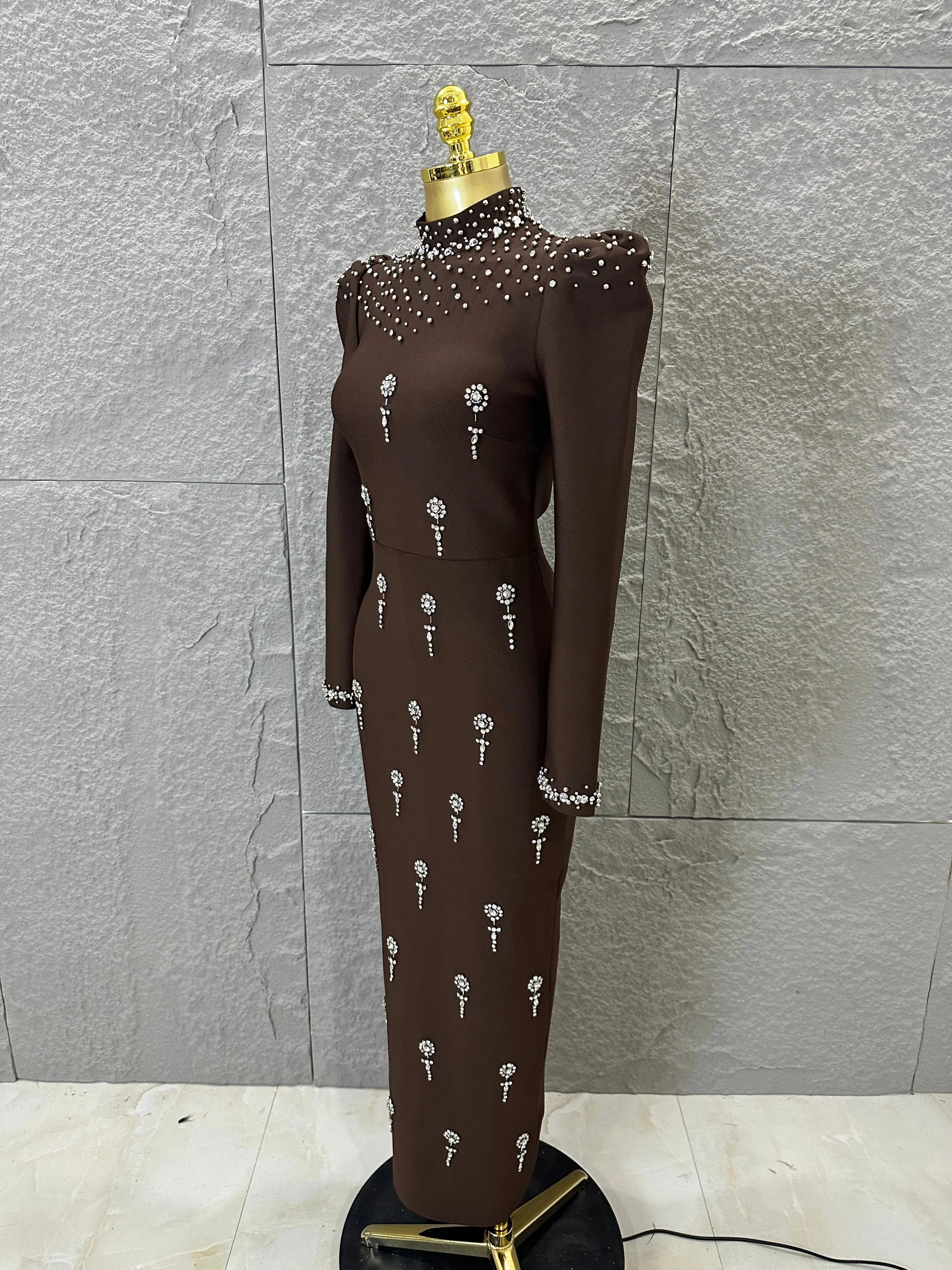 Sophisticated Brown High Neck Maxi Dress Women Sexy Long Sleeve Crystal Pearl Embellished Bodycon Outfit Cocktail Party Costume