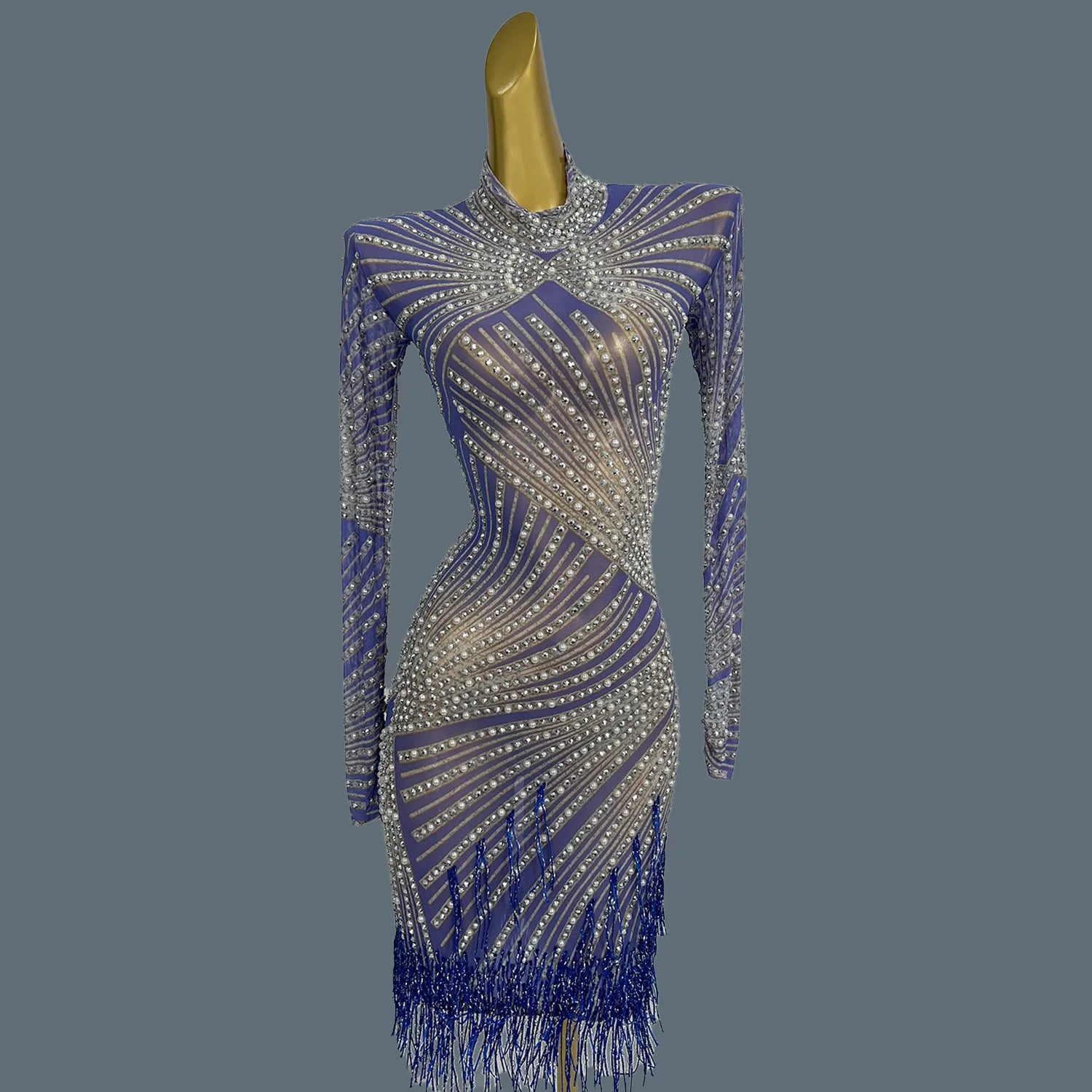 Sexy Sheer Mesh Latino Dance Dress For Women Party Club Night Stage Performance Sexy Costume Birthday Prom Bodycon Dress Zonglv Blue One Size