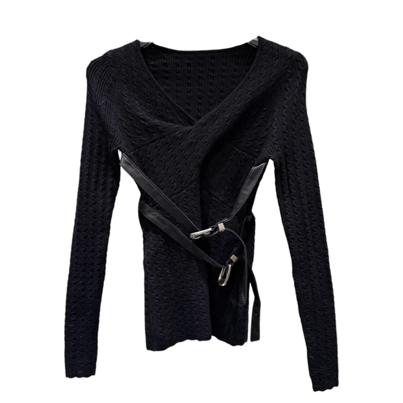 Winter New Niche Fashion V-neck Cross Belt Buckle Tie Knitted Sweater For Women Slim Fit Top Female Trend 11A07676