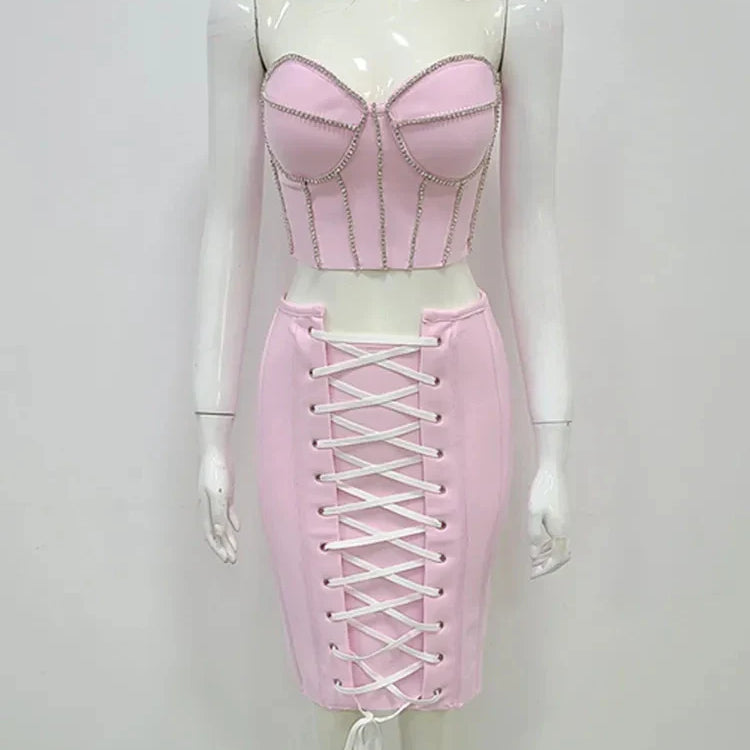 Women Summer Sexy Strapless Lace Diamonds Pink Mini Bandage Skirt Set Knitted Elegant Evening Cocktail Party Dresses