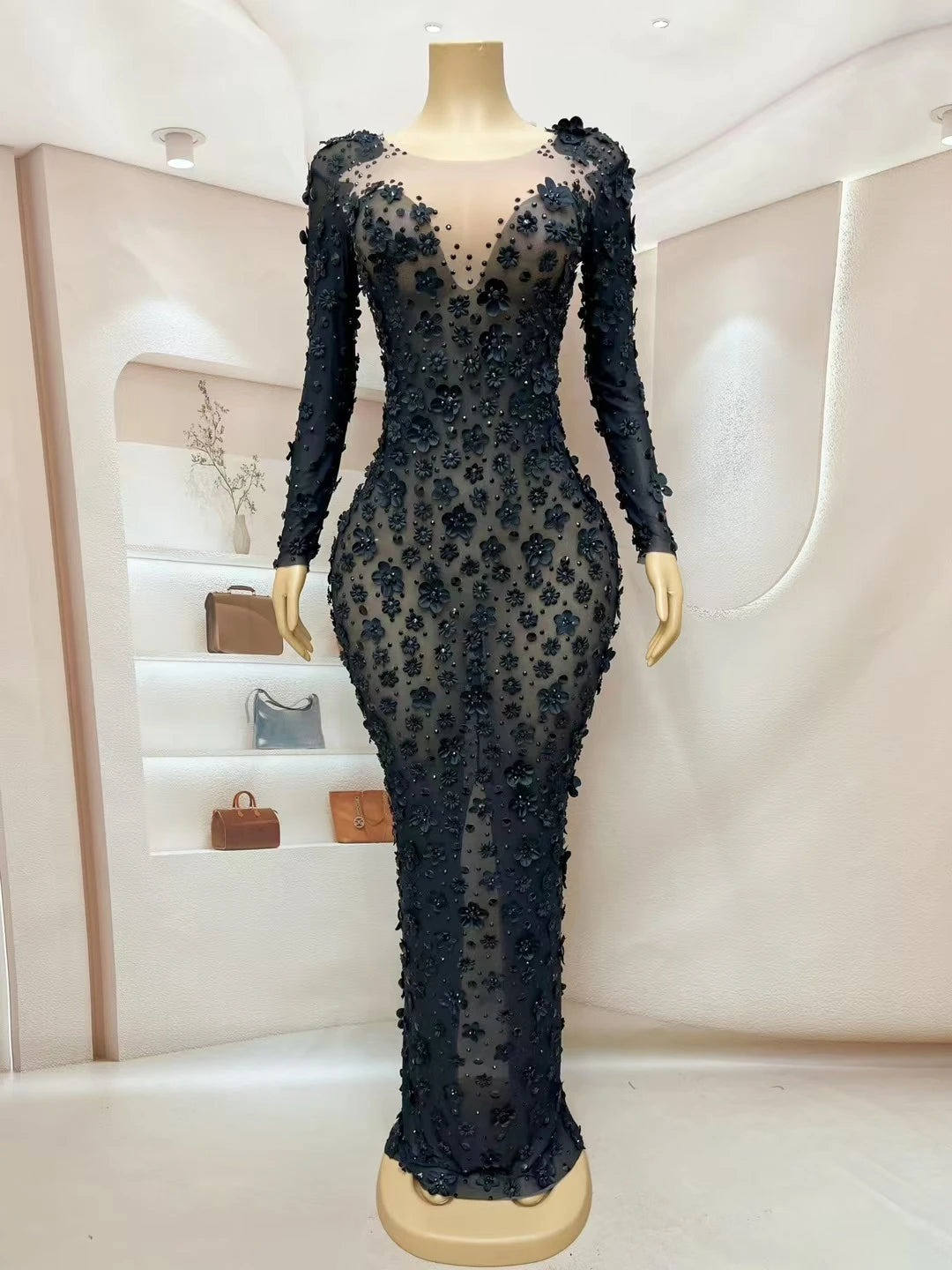 Shine Rhinestone Black Evening Dress Sheer Mesh Tight Fitting Flower Long Dress Elegant Mysterious Party Sexy Women Dress Cunjie
