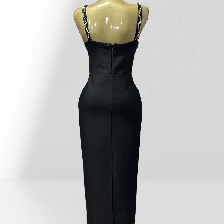 2025 Luxury Diamonds Spaghetti Strap Black Bandage Ankle Length Dress Woman evening Party Dress Celebrity Birthday Party Outfit
