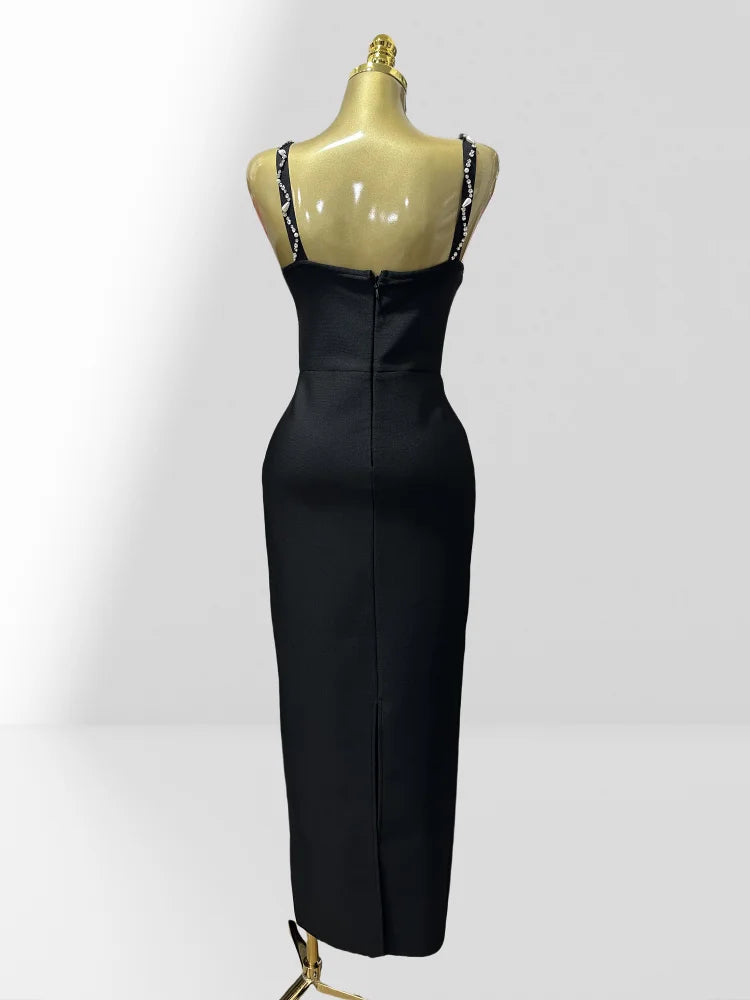 2025 Luxury Diamonds Spaghetti Strap Black Bandage Ankle Length Dress Woman evening Party Dress Celebrity Birthday Party Outfit