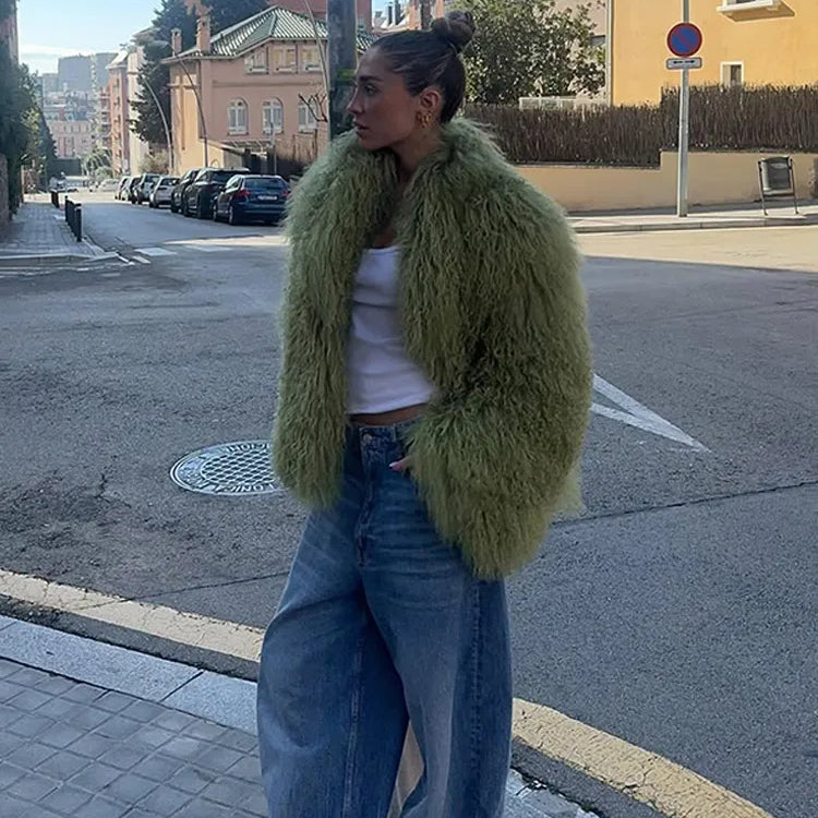 Green Luxury Fluffy Faux Fur Jacket Women Fashion Lapel Long Sleeve Loose Warm Coat 2025 Winter Lady High Street Outerwear
