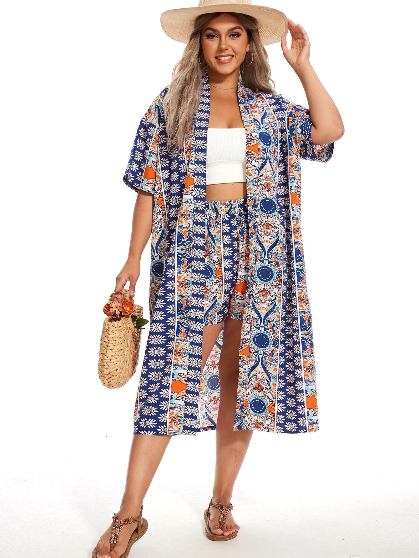 Plus Size Print Two-piece Set, Short Sleeve Open Front Kimono & Elastic Waist Shorts Outfits, Women's Plus Size Clothing