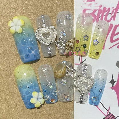 Été plage voyage vacances Hello Kitty conque ongles fille bleu jeunesse travail manuel personnalisable faux ongles fille soeur cadeau 