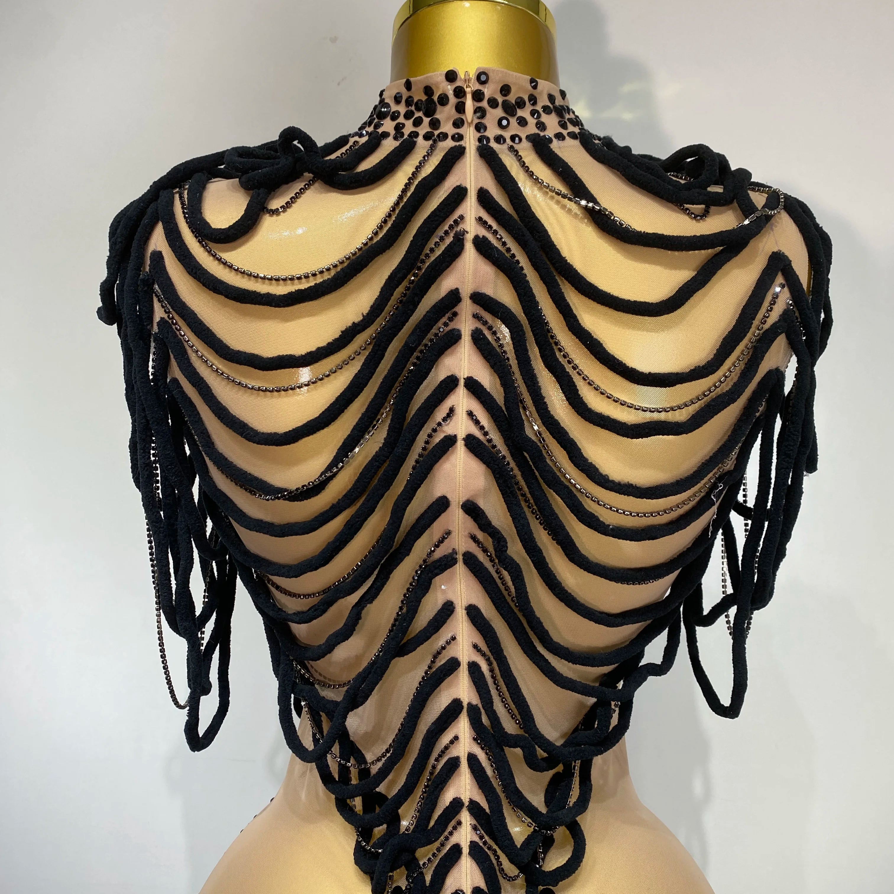 Women Sexy Fashion Short Dress Mesh Designer Rhinestones Chain Stage Costume Nightclub Celebrate Party Performance Outfit