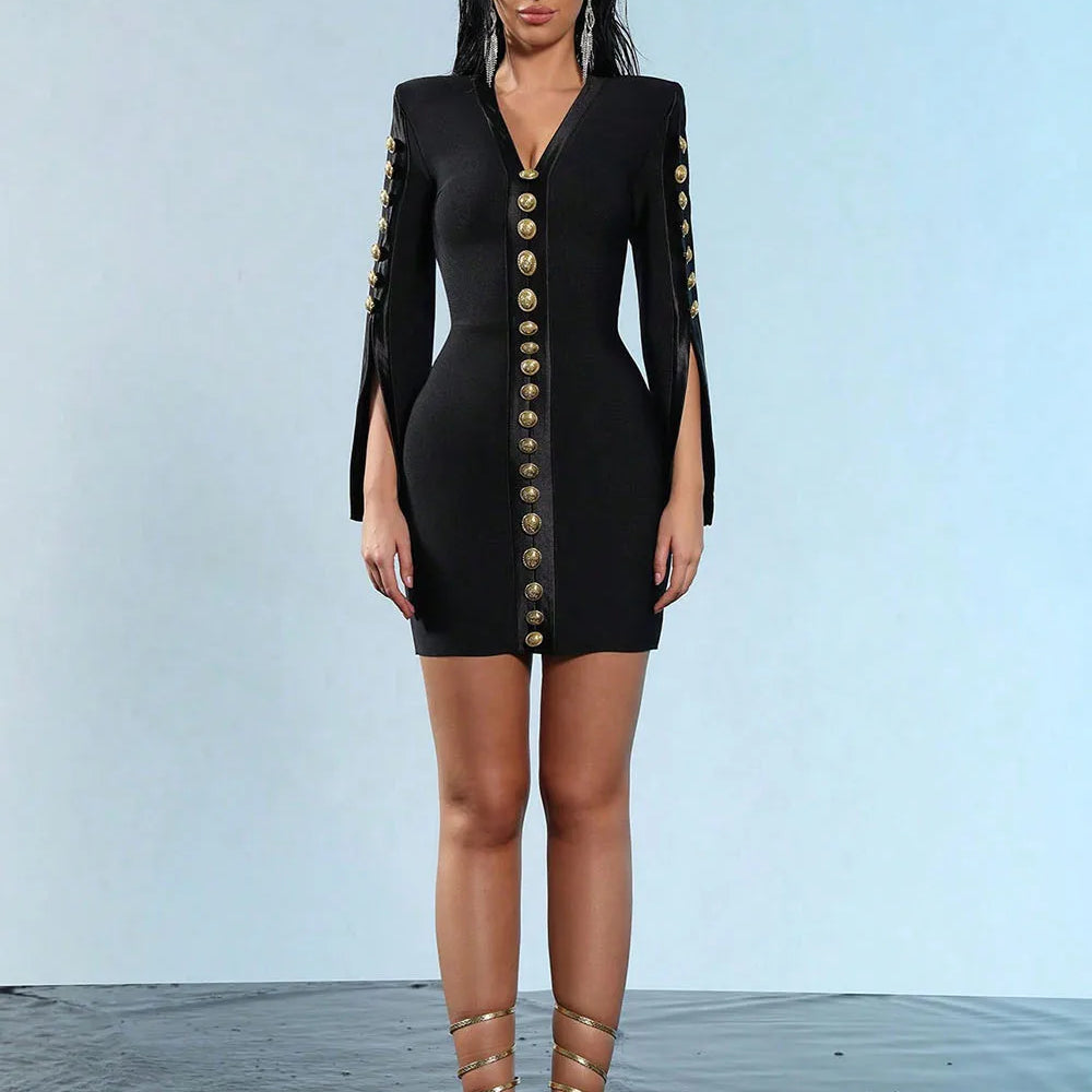 2025 New Women V Neck Bandage Dress Black Sexy Long Sleeve Button Bodycon Club Celebrity Elegant Evening Mini Party Dresses