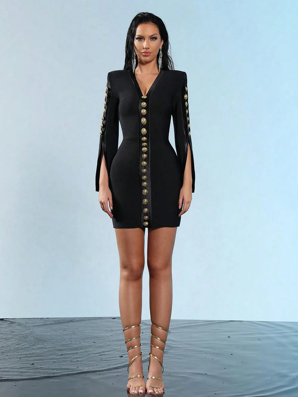 2025 New Women V Neck Bandage Dress Black Sexy Long Sleeve Button Bodycon Club Celebrity Elegant Evening Mini Party Dresses