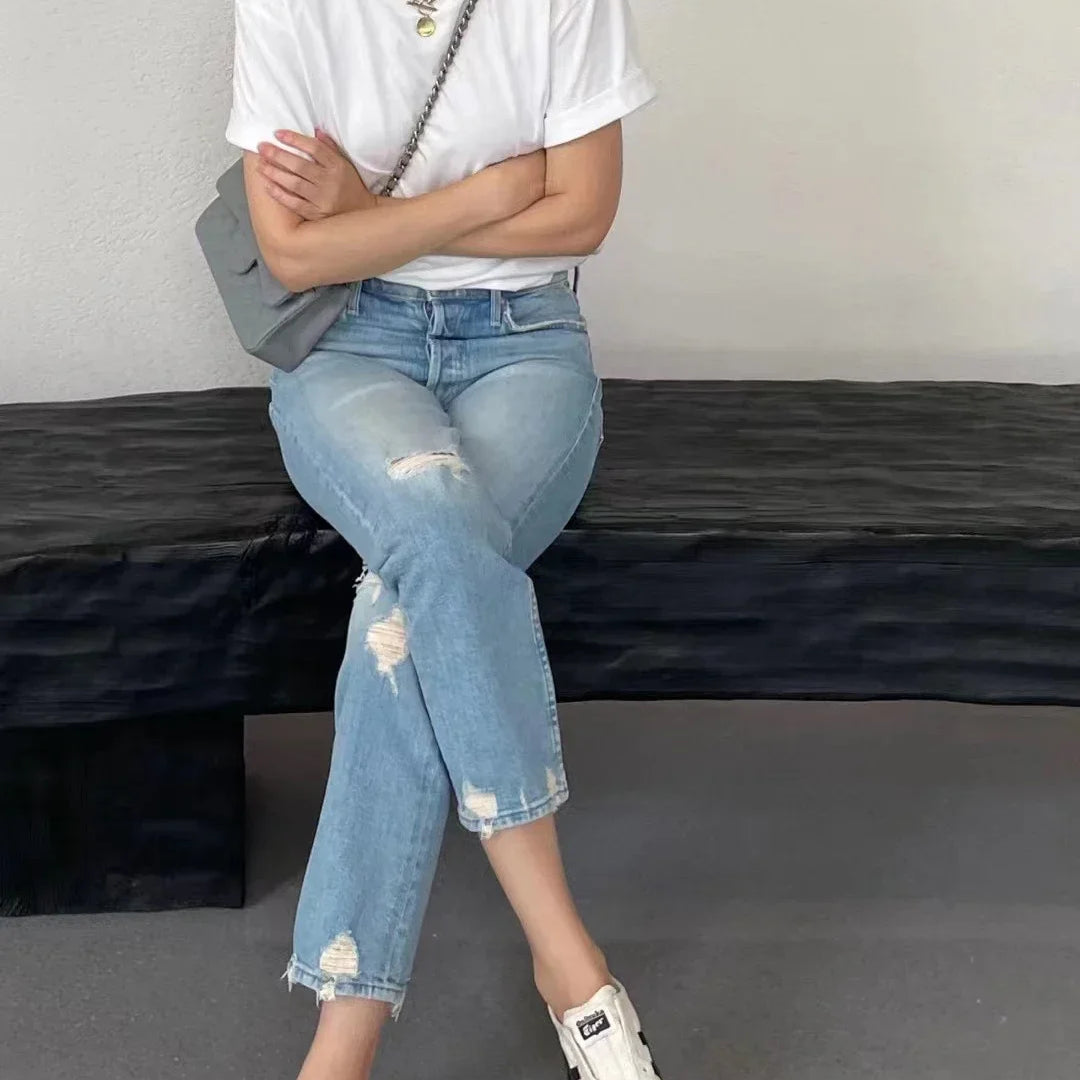 Spring Summer New Women High Waist Distressed Retro Jeans Casual Fashion Ankle-length Denim Pants