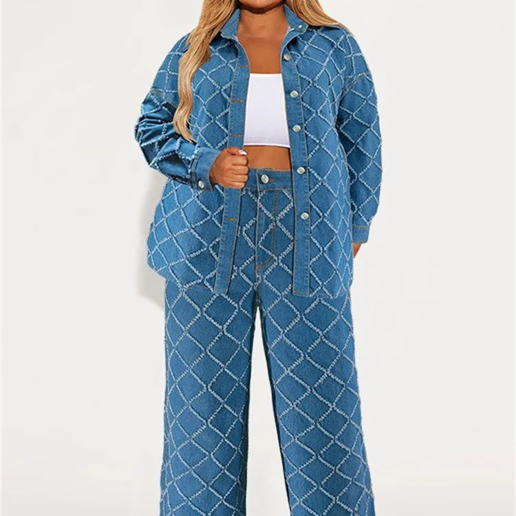 Wmstar Plus Size Denim Two Piece Sets Women Fall Clothing Print Long Sleeve Tops Pants New Matching Suits Wholesale Dropshopping Blue