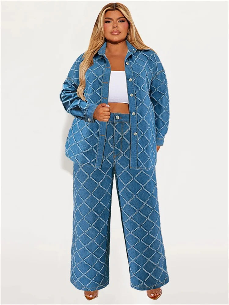Wmstar Plus Size Denim Two Piece Sets Women Fall Clothing Print Long Sleeve Tops Pants New Matching Suits Wholesale Dropshopping Blue