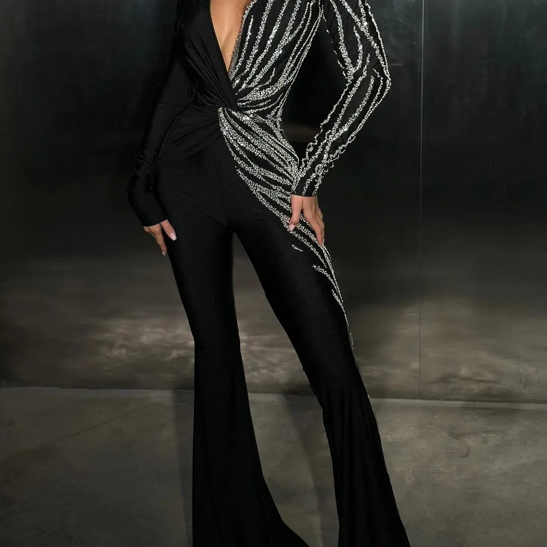 2024 New Spring Sparkling diamonds Sexy V-Neck Stylish Flare Pants Jumpsuit Woman Fashion Party Outfit Stage Performance Costume