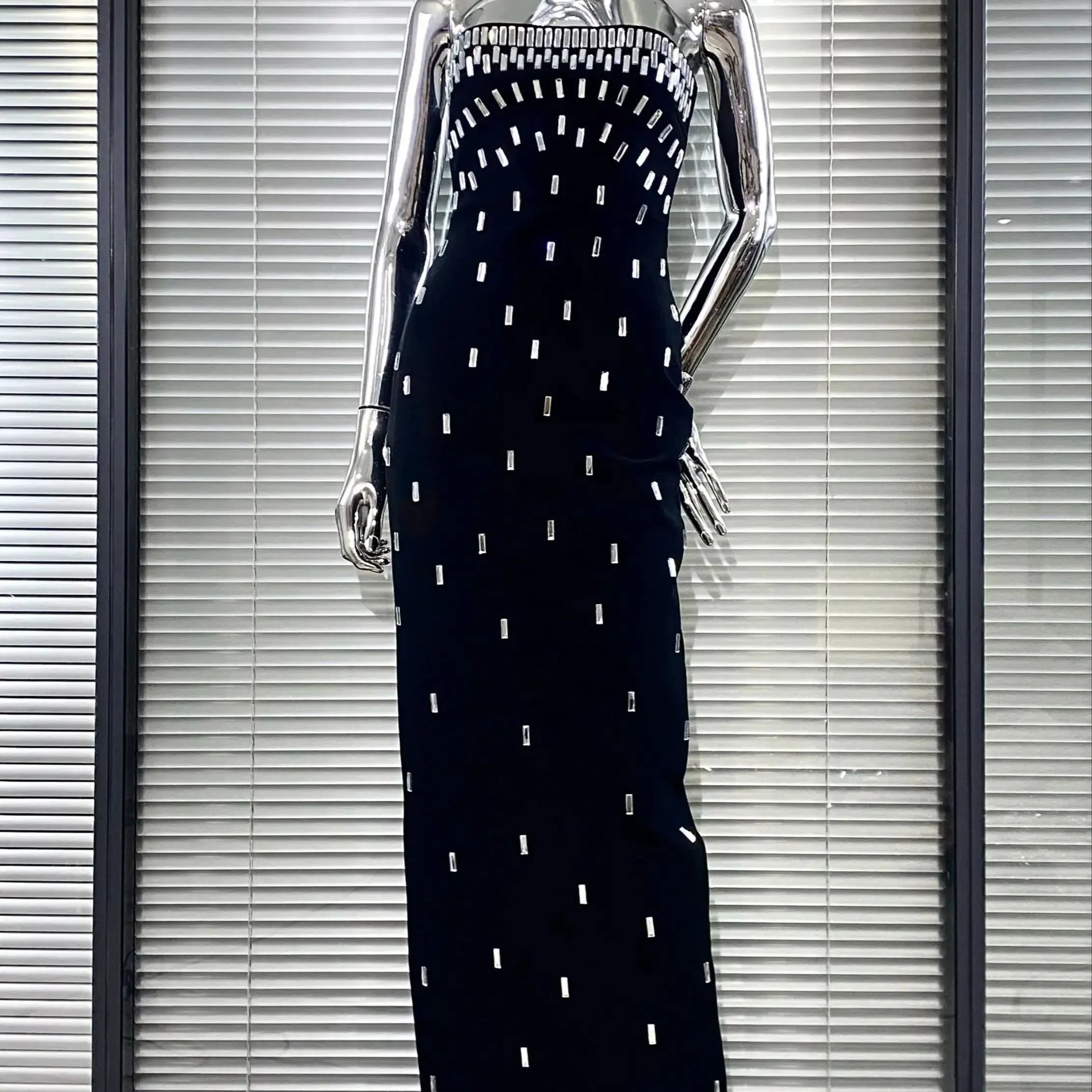 2025 Sparkling Diamonds Fashion Woman Party Dress Strapless Black Bandage Ankle Length Dress Celebrity Birthday Party Outfit black