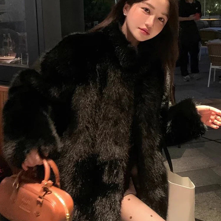 Autumn Winter Black Soft Thick Warm Hairy Shaggy Faux Fox Fur Coat Women Stand Collar Long Sleeve Fluffy Jacket 2023