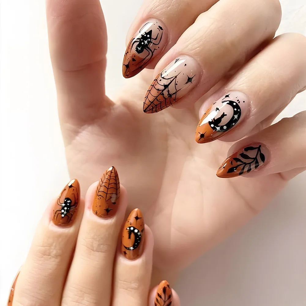 24Pcs Halloween Almond Handmade Press on Nails Full Cover Easter Bat Spider Cool Y2k Fake Nails Wearable Manicure Nail Tips Art 19