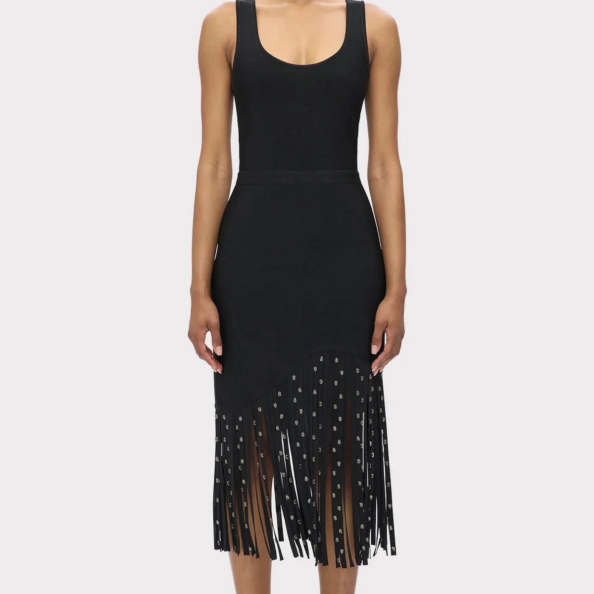 Top Quality Women Sleeveless Sexy O-Neck Shinning Crystal Tassel Bodycon Mid-calf Dress Fashion Celebrate Evening Party Outfit