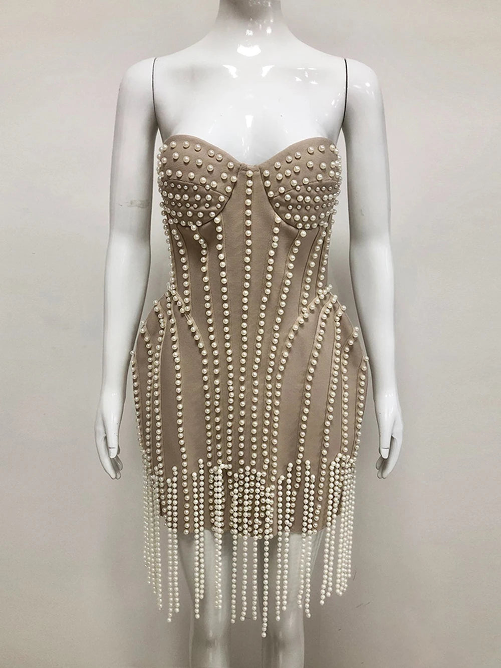 Ladies Luxury Bead Tassels Strapless Backless Design Celebrity Party Club Khaki Sleeveless Sexy Mini Bandage Dress 2025 New