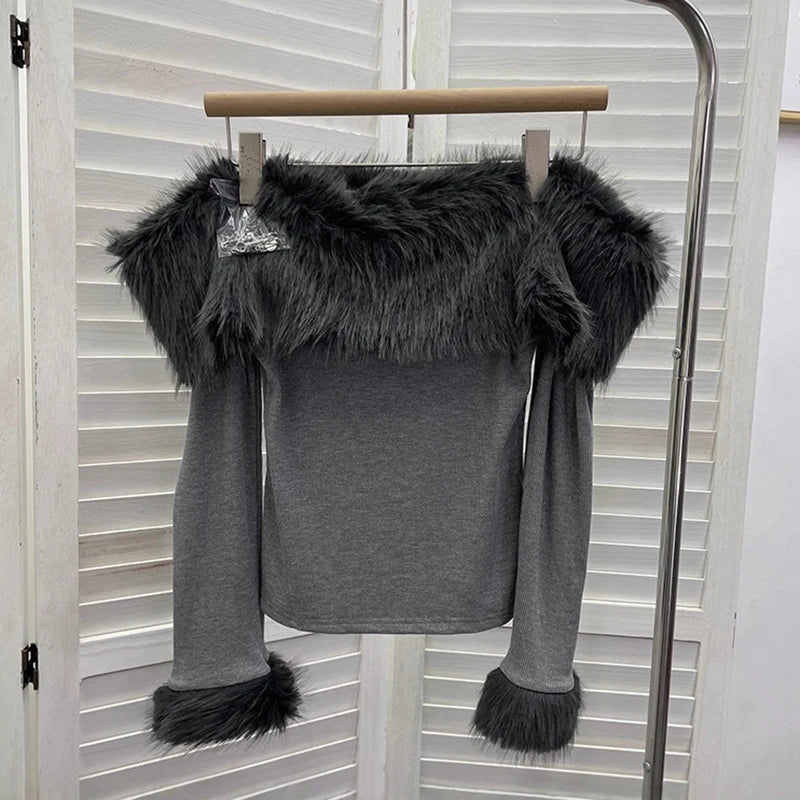 DEAT 2026 Spring New Fashion Off-Shoulder Furry Patchwork Long Sleeve Base Shirt For Women Slim Fit Decorative T-Shirt 11A07919 Gray One Size