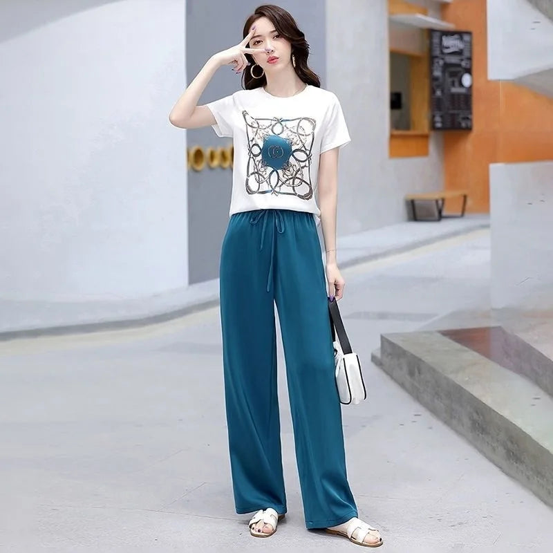 Women Casual Plus Size Clothing Suit 2025 Summer New Fashion Large Korean Short Sleeve Top Wide Leg Pants 2 Two Piece Set Female Style B
