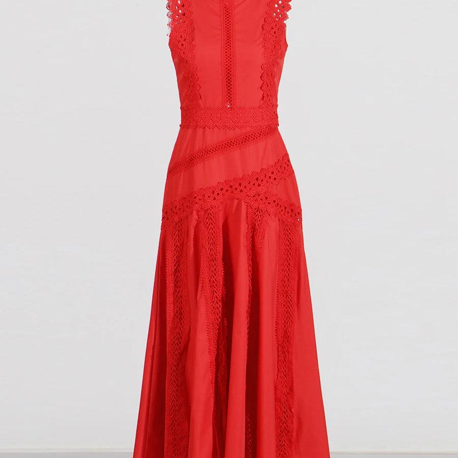 Solid Slimming Spliced Hollow Out Dresses for Women Round Neck Sleeveless Patchwork Lace Dress Female Clothing New RED