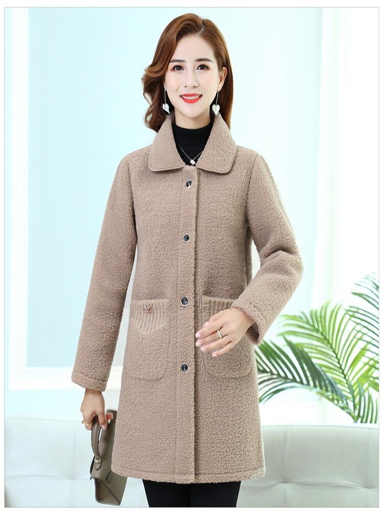 Winter Middle-Age Elderly Women's Clothing Thicken Imitation Lamb Wool Coat Mother's Mid-Length Granular Velvet Coat XL-6XL