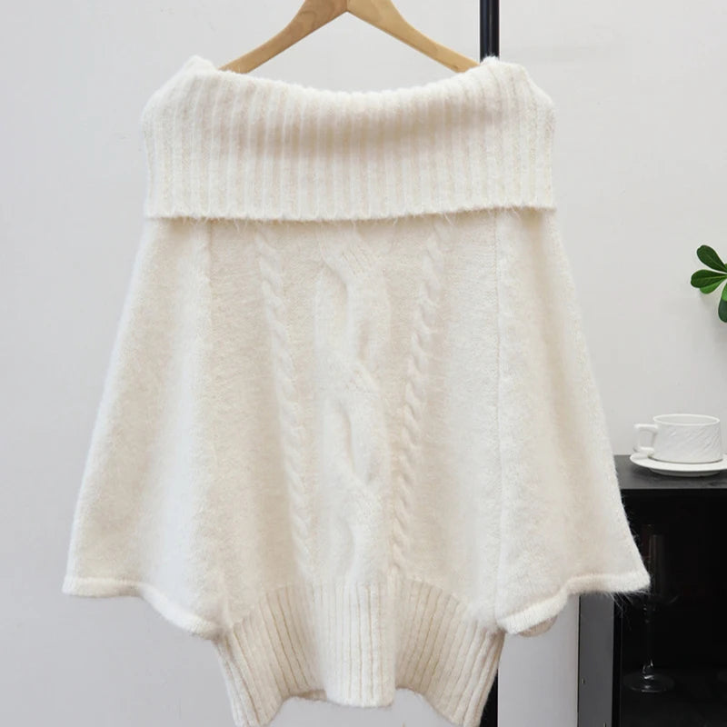 Autumn Winter New Off-Shoulder Design Thickened Cable Knit Cape Sweater Lazy Style Pullover For Women 11A07620