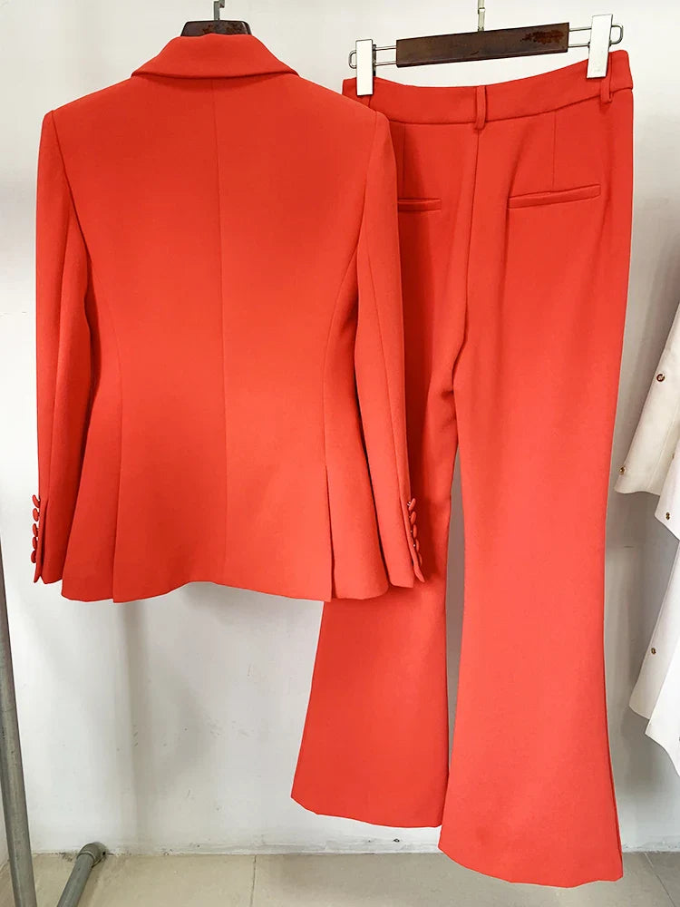 HIGH STREET Newest Spring Designer Career Fashion Suit Set Women's Single Button Slim Fit Blazer Flare Pants Suit Two Pcs