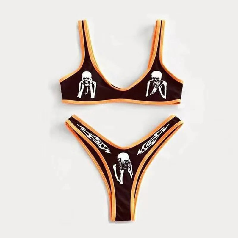 Sexy Goth Bikini 2023 Women Letters Skull Print Swimsuit Split Bathing Suit High Waist Gothic Bikinis Sets Beach Outfits 3