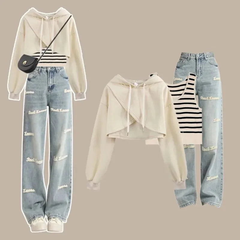 Women's 2024 Autumn New Matching Set Korean Elegant Short Sweater+Tank Top+Letter Jeans Three Piece Female Chic Denim Pants Suit Set 01