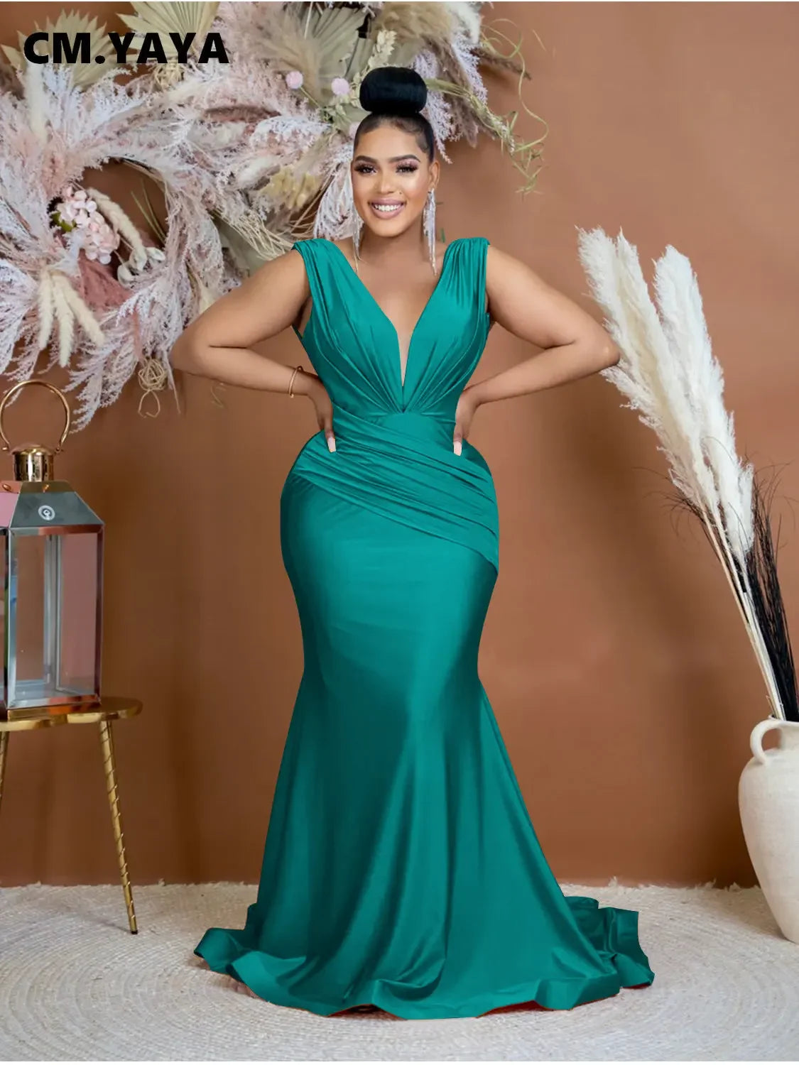 Women Draped Waist Shoulder Sleeveless Deep V-neck Maxi Long Trumpet Mermaid Dress 2023 Club Sexy Party Evening Dresses