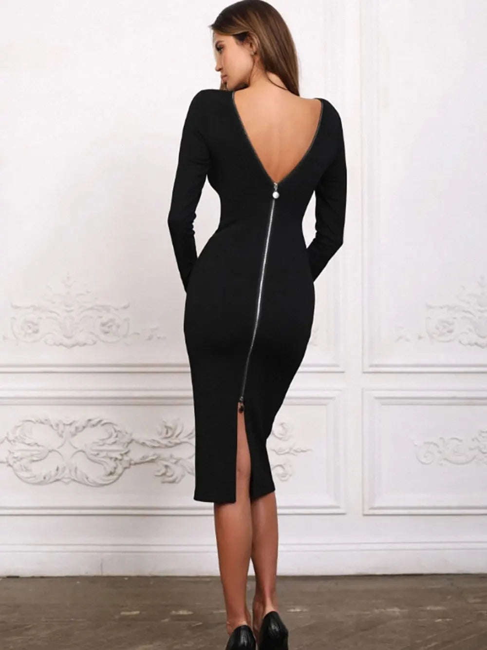 2024 Sexy Women's Dress Front and Back Wearable O-neck Long sleeved Bodycon Zipper Design Midi Dresses Evening Party Vestidos