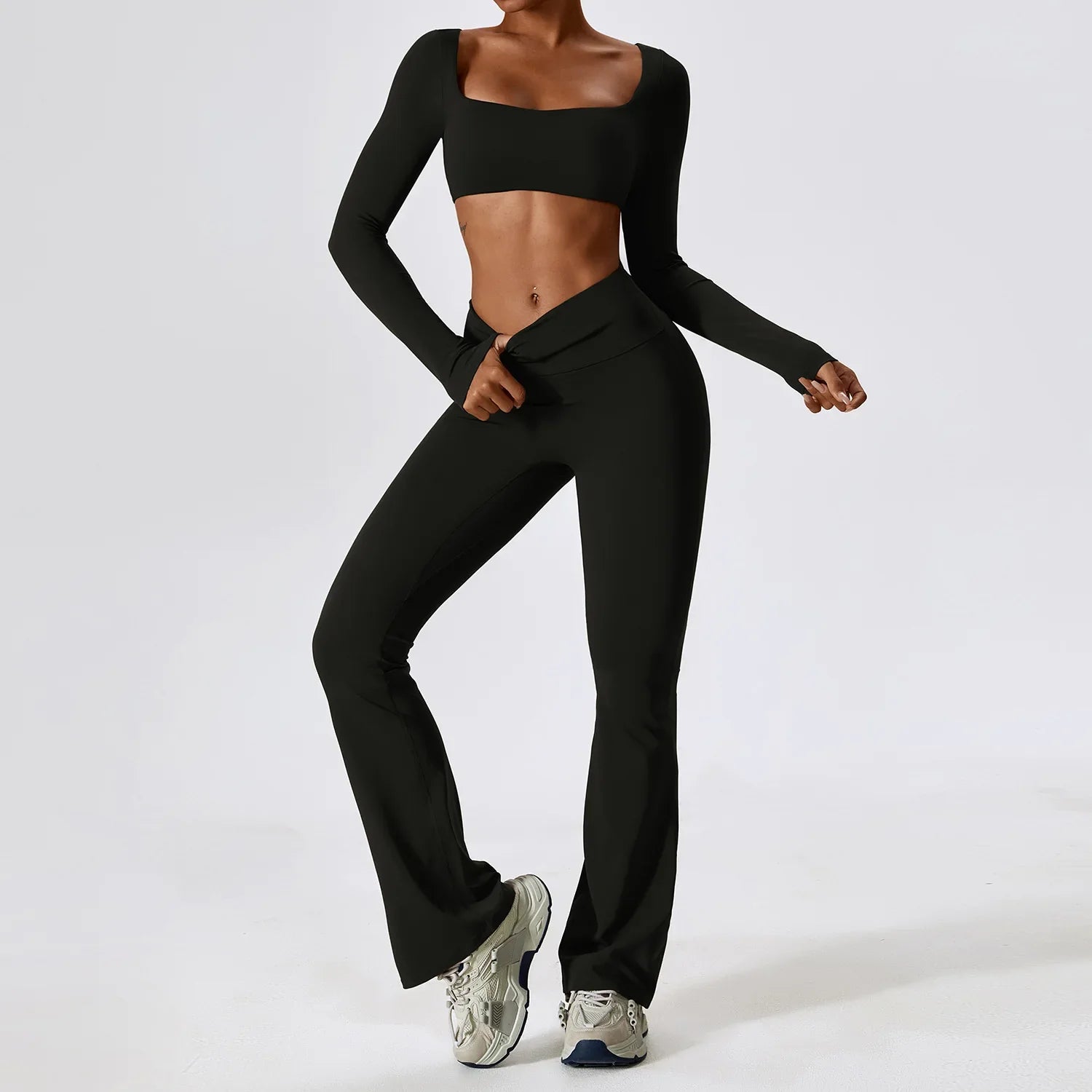 Yoga Set 2PCS Seamless Women Sportswear Workout Clothes Athletic Wear Gym Legging Fitness Bra Crop Top Long Sleeve Sports Suits Advanced Black Set-3