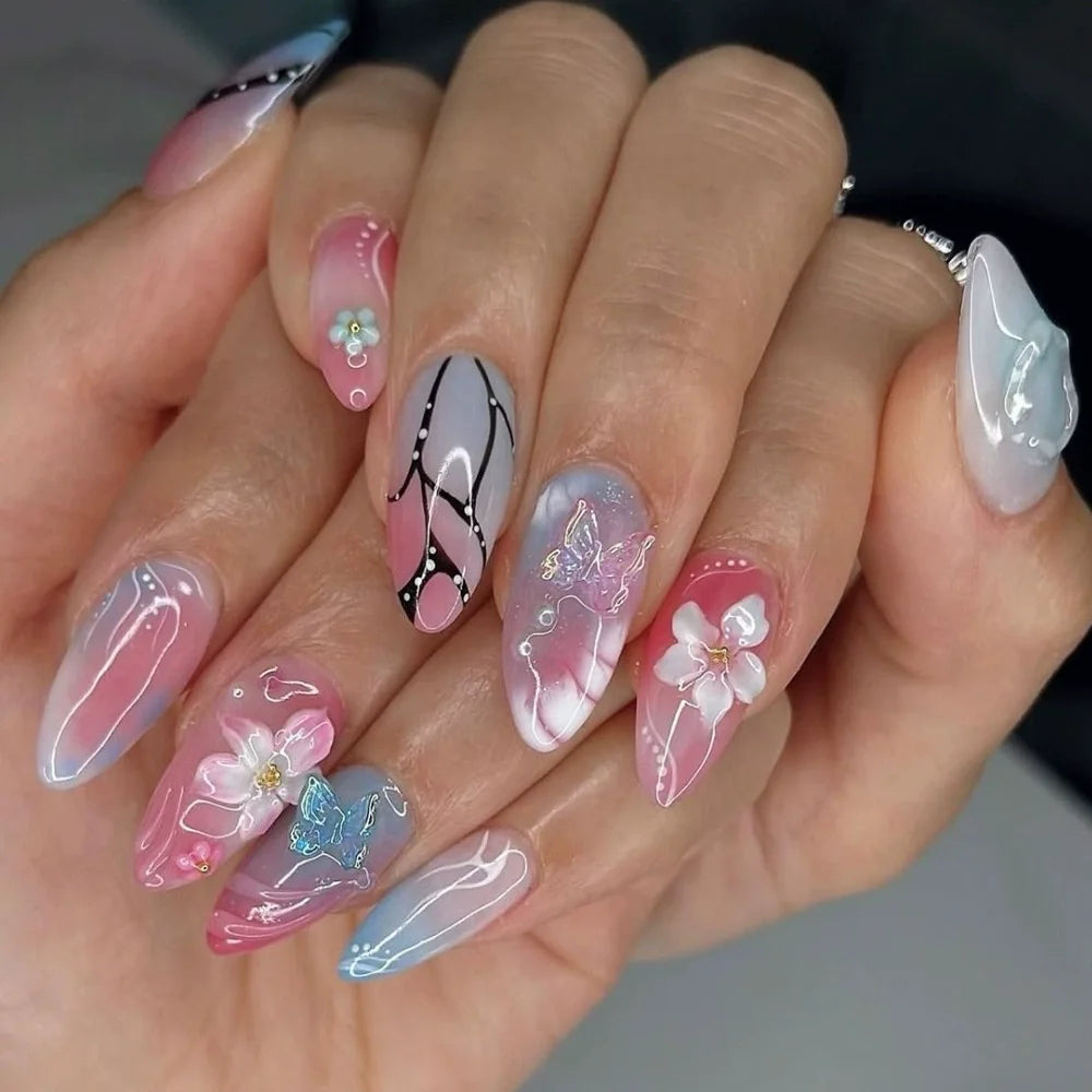 24Pcs/box Mid-length 3D Floral Pearl Design False Nail Sweet Flower Pattern Elegant Girls Wearing Press on Nails Manicure Tips 12