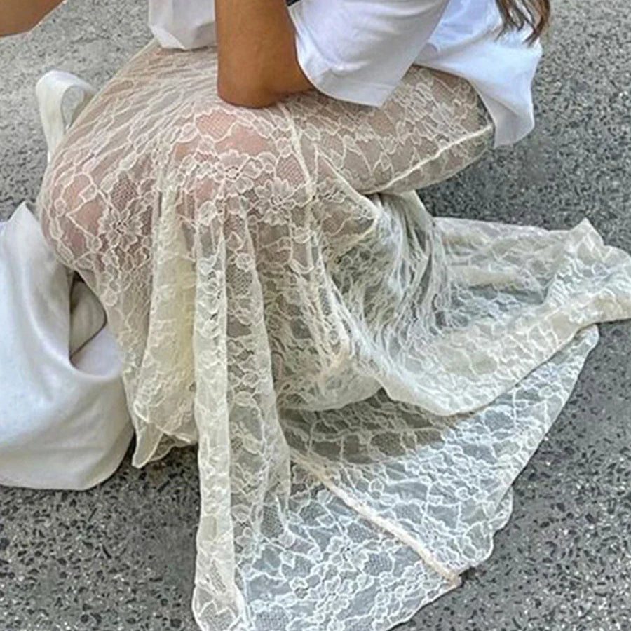 Women Lace Fishtail Skirt Casual for Beach Vacation See Through Mid-Waisted Maxi Skirts Women Autumn Spring