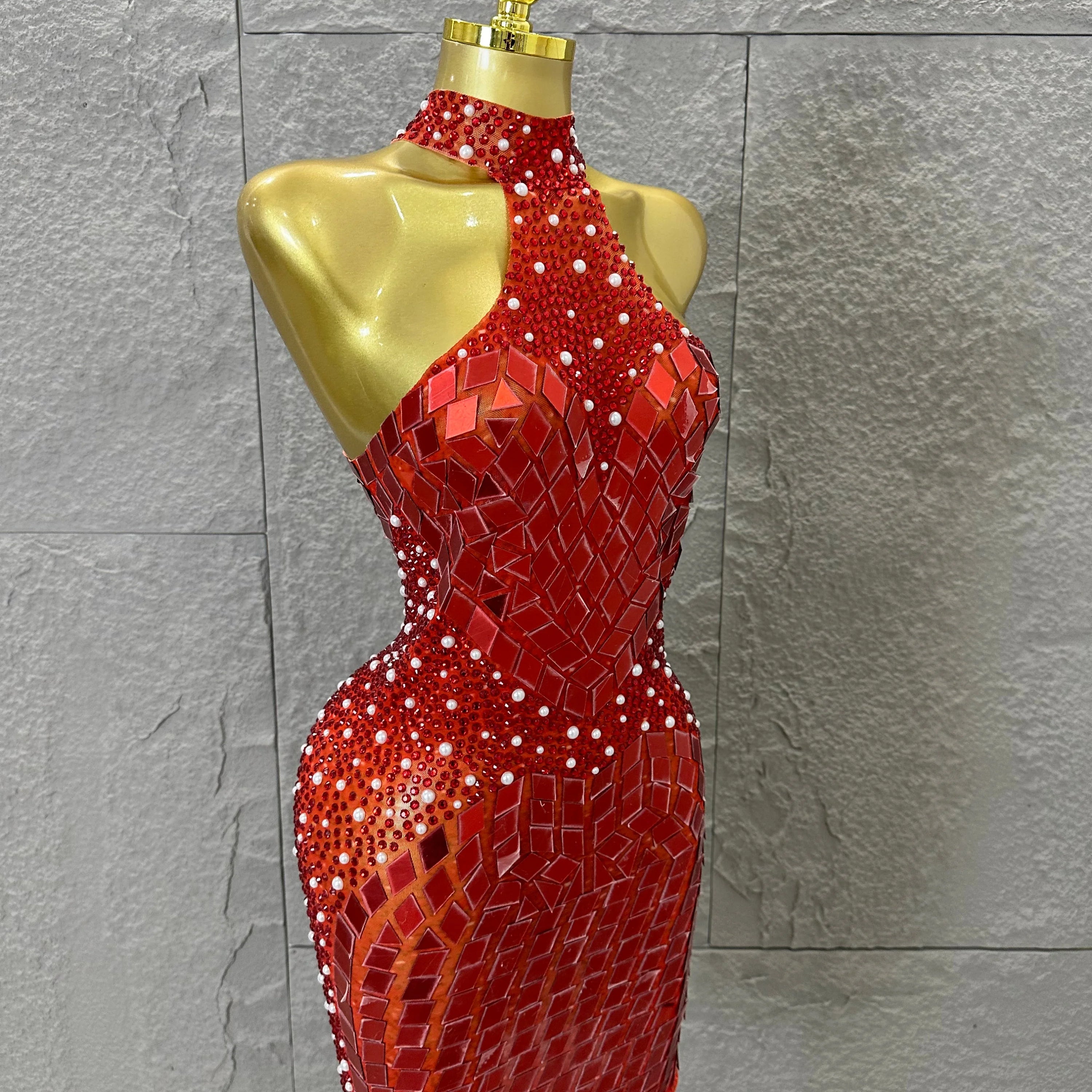 Luxury Gold Halter Neck Mini Dress Diamond Mirror Pearl Beaded Bodycon Nightclub Party Clubwear Outfit