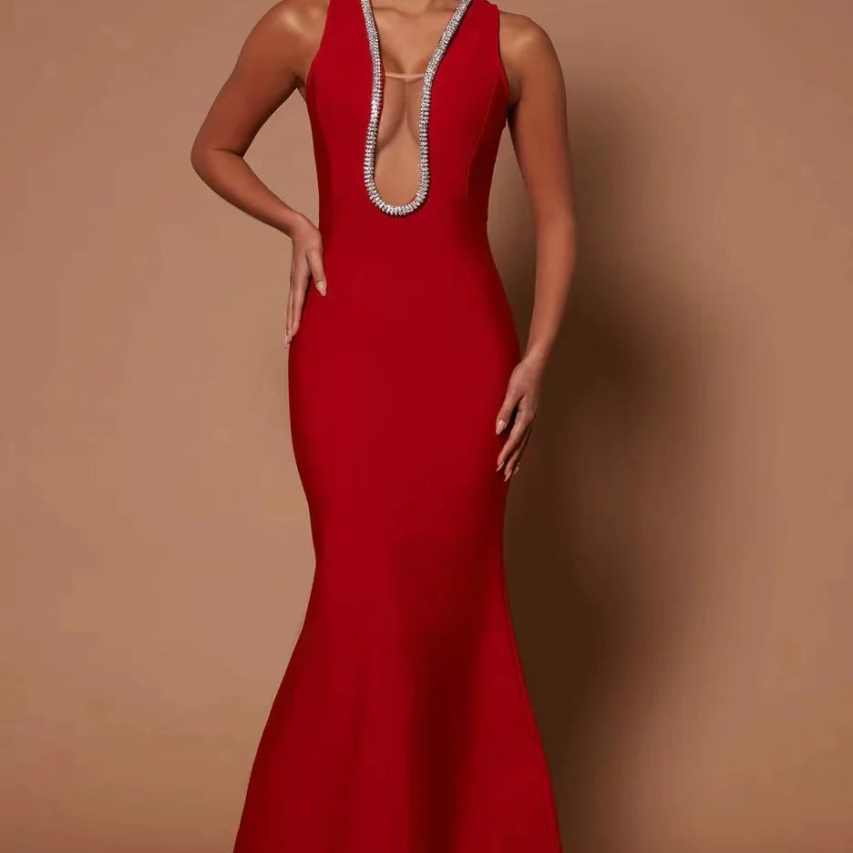 Factory Wholesale Women's Multi-Color V-Neck Diamond Sexy Boutique Celebrity Cocktail Party Bandage Long Dress