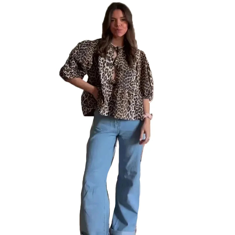 Duomofu Leopard Bow Lace Up Women Shirts Blouses Loose Y2K Puff Sleeve Pleat Shirt Top Summer New Cropped Lady Streetwear