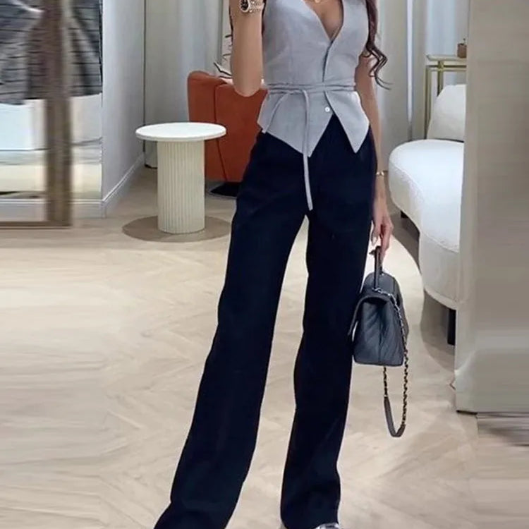 Sexy V-neck Vest Women High Street Sleeveless Lace Up Slim Female Tank Spring Summer Elegant Solid Office Lady Outwear